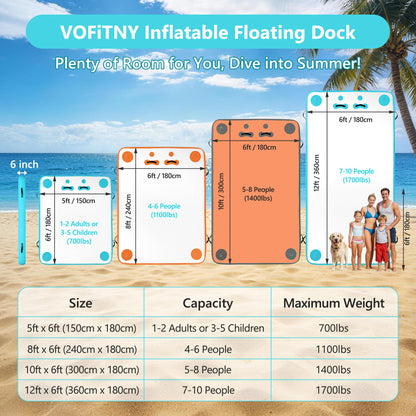 Inflatable Floating Dock Air Platform Multi-Person Swim Water Mat with Rope Ladder, None-Slip Surface for Lake Beach (5ft x 6ft x 6in, Cyan)