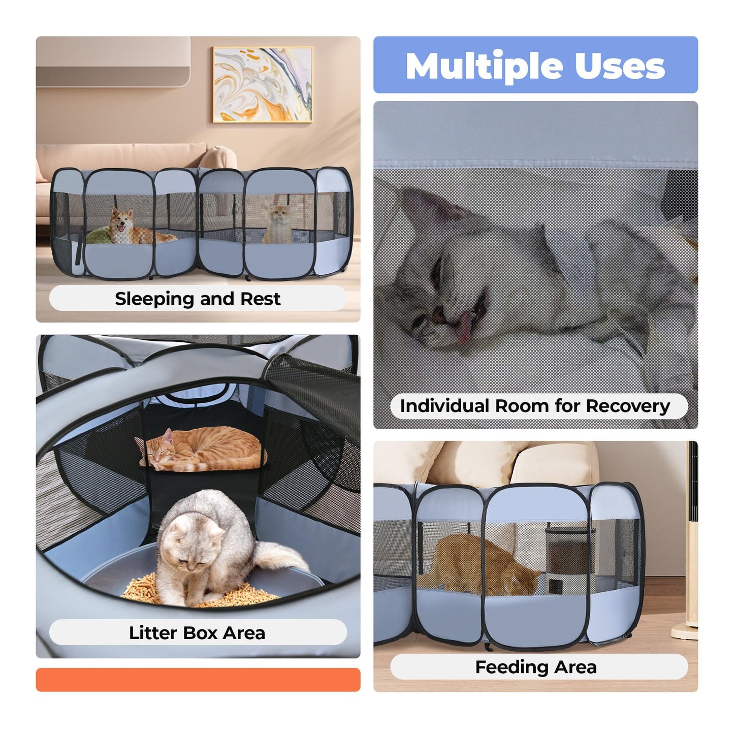 2-in-1 XLarge Pop Up Dog Playpen, Cat Puppy Pet Playpen, Indoor Outdoor Cats Enclosed, Cat Tent Crate Cage Kennel, Portable Playpen for Kitten and Small Animals(No Divider, Unified Space)