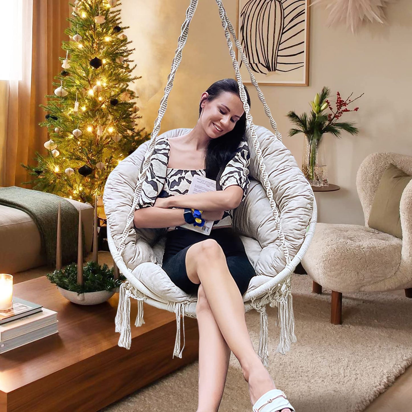 Hammock Chair with Cushion, Handmade Macrame Swing Chair with Hanging Hardware Kits, Bohemian Style Cotton Rope Hanging Chair for Bedroom Indoor Outdoor, Beige
