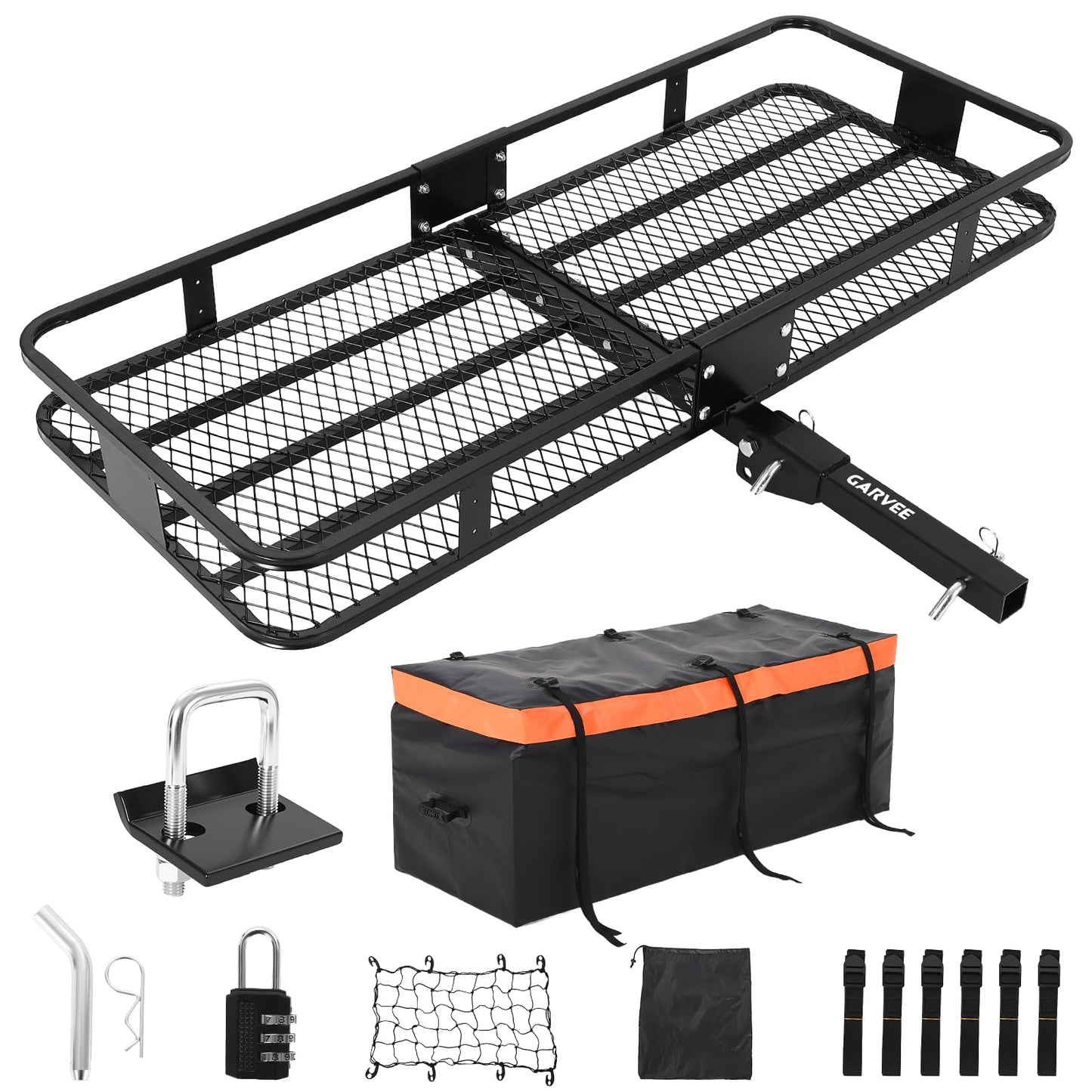 Garvee 70" x 30" x 6", Hitch Cargo Carrier, 500 Lbs Capacity with Ratchet Straps & Cargo Bag, Folding Hitch Mount Cargo Carrier Basket with Hitch Lock for 2" Receiver, Fit for SUVs