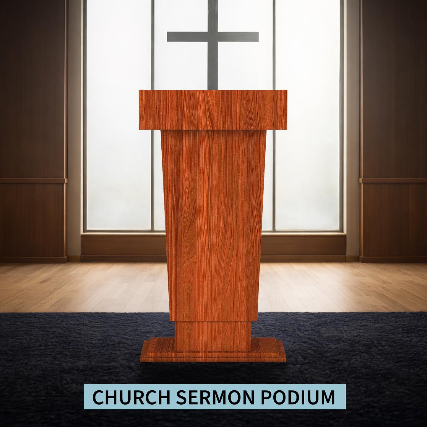 Tredre Wooden Podium Stand with Wheels, 41”–54.5” Height Adjustable Lectern, Mobile Podium with Crank Lift, Stable Base & Storage Shelf, Elegant Design for Churches, Classrooms and Conferences