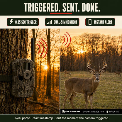 Stealth Cam Fusion MAX Cellular Trail Camera 2-Pack with 2 Lexar 32GB SD Cards | Dual SIM AT&T + Verizon | 36MP Photo, 720P HD Video, 0.35 Sec Trigger Speed