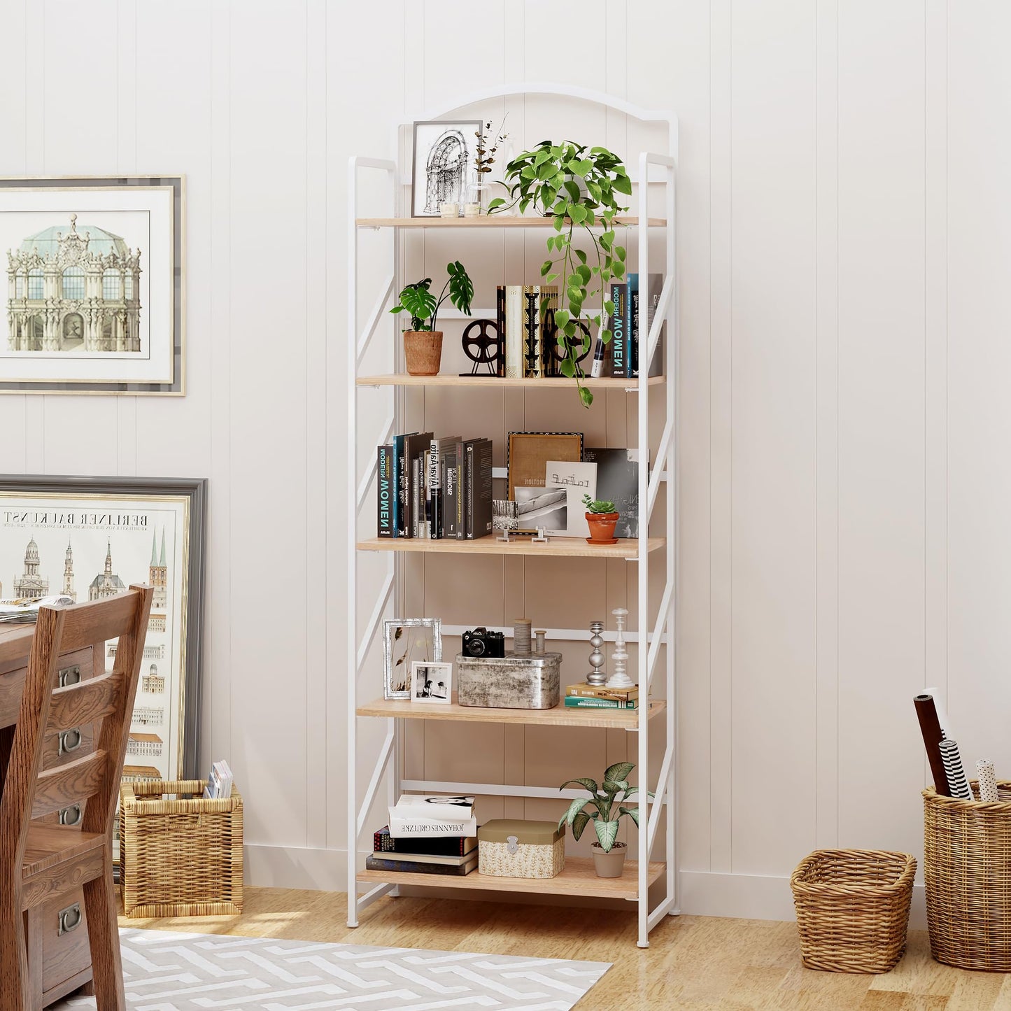 BHG No Assembly Folding Bookshelf for Living Room,Semicircle Collapsible Book Shelf for Home Office, Portable Bookcase Storage Organizer Rack Shelves