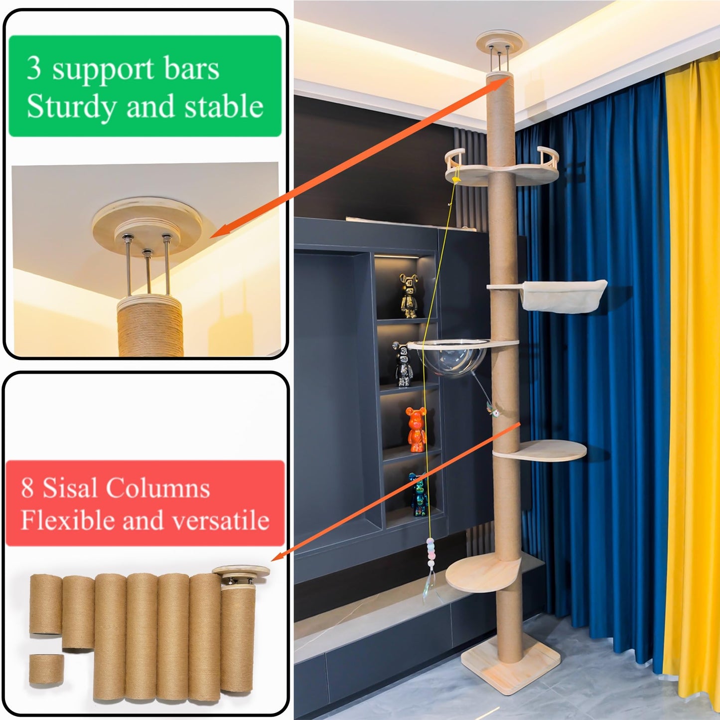 Floor to Ceiling Cat Tree Height (50-120 in) Adjustable Cat Tower 5 Tier Hemp Scratching Post High Cat Tree Sturdy Activity Tree Indoor Outdoor Cat Scratching Post Activity Center
