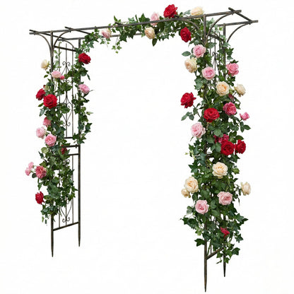 85" Metal Garden Arch Trellis for Climbing Plants, Large Flat Top Iron Arbor for Wedding Events & Backyard, Rustproof Outdoor Flower Support Rack for Roses & Vines, 6.7ft Wide, Black