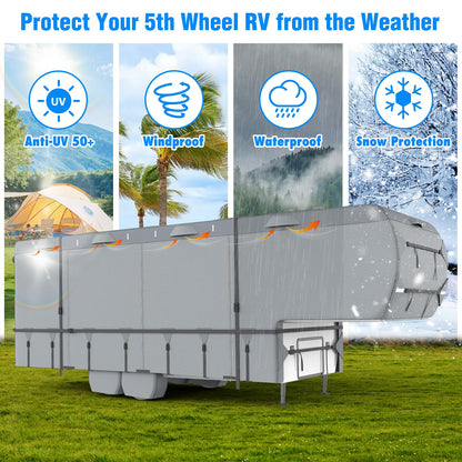 Mofeez 5th Wheel RV Cover 29-33ft, 7 Layers Top Extra-Thick Fifth Wheel Cover, Waterproof Windproof Anti-UV Rip-Stop Toy Hauler Camper Cover with 3Pcs Extra Straps, 6 Gutter Covers & 4 Tire Covers