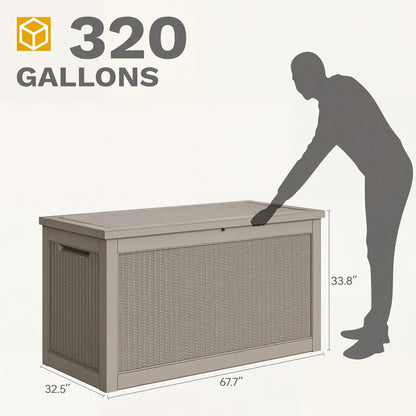 DWVO 320 Gallon Resin Outdoor Storage Box, XXL Large Waterproof Deck Box, Doubles as Table or Seating with 1000 lbs Capacity, Lockable (Brown)