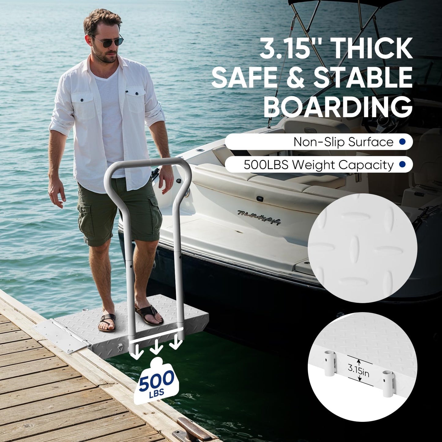 Foldable Boat Boarding Platform with Handrails – 500LB Capacity Heavy-Duty Iron Dock Steps, Anti-Rust Anti-Slip Surface, Dock Extension