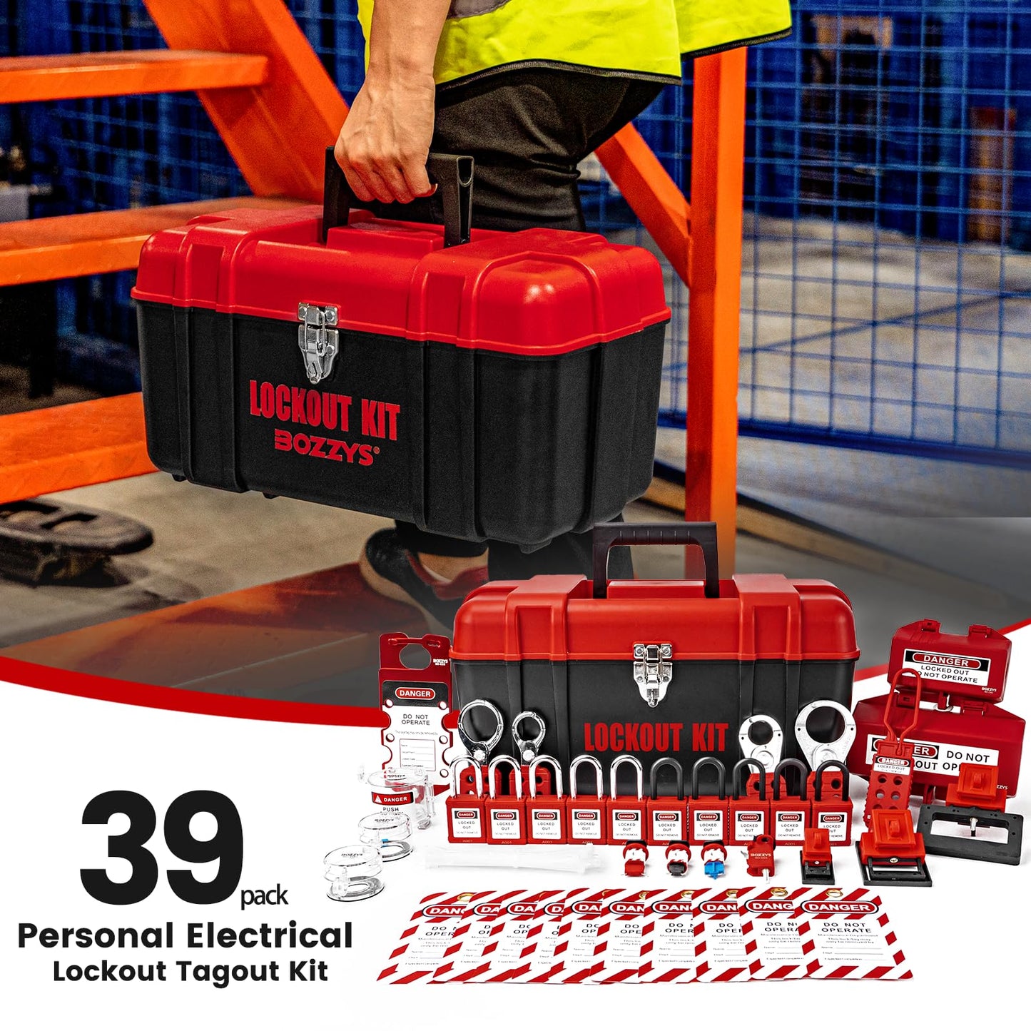 BOZZYS Portable Lockout Tagout Kit - 39 Pack OSHA Compliant | Red Loto Locks to Prevent Accidental Startup | for Industrial Electrical Plug & Breakers Lock Out Tag Out