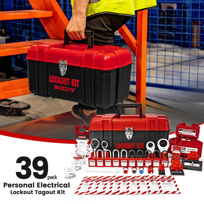 BOZZYS Portable Lockout Tagout Kit - 39 Pack OSHA Compliant | Red Loto Locks to Prevent Accidental Startup | for Industrial Electrical Plug & Breakers Lock Out Tag Out
