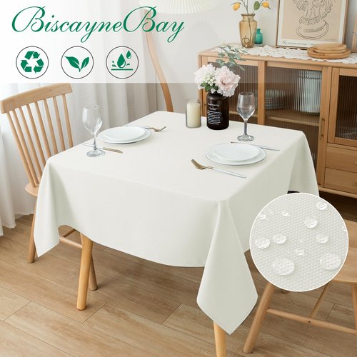 Biscaynebay Textured Fabric Square Tablecloths 54x54 Inches, Ivory Water Resistant Spill Proof Table Cloth Small Card Folding Table Covers for Dining, Kitchen, Wedding and Parties Machine Washable