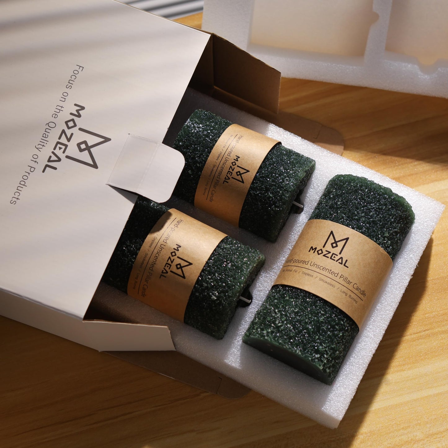 MOZEAL Hand-Poured Granular Texture Decorative Dark Green Pillar Candles Set of 3 (3"x4", 5", 6"), Approx 300 Hours Burn Time, Dripless, Unscented, Smokeless, for Christmas Winter Holidays Decor