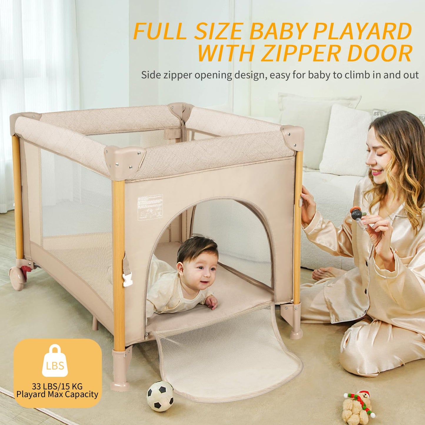Baby Bassinet Bedside Crib for Travel with One-Hand Setup 5-in-1 Foldable Baby Playpen, Portable Pack and Play with Bassinet,Diaper Changer & Adjustable Mattress for Newborn to Toddler (Khaki)