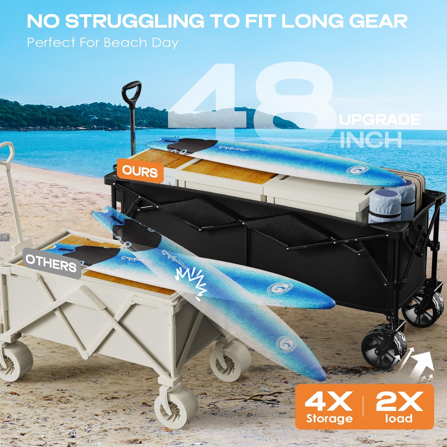 Uyittour 300L Extra Large Collapsible Foldable Wagon, 440lbs Load Capacity 48''L Extended Heavy Duty Folding Beach Wagon with Big All-Terrain Wheels, Utility Garden Cart for Outdoor Activities, Black