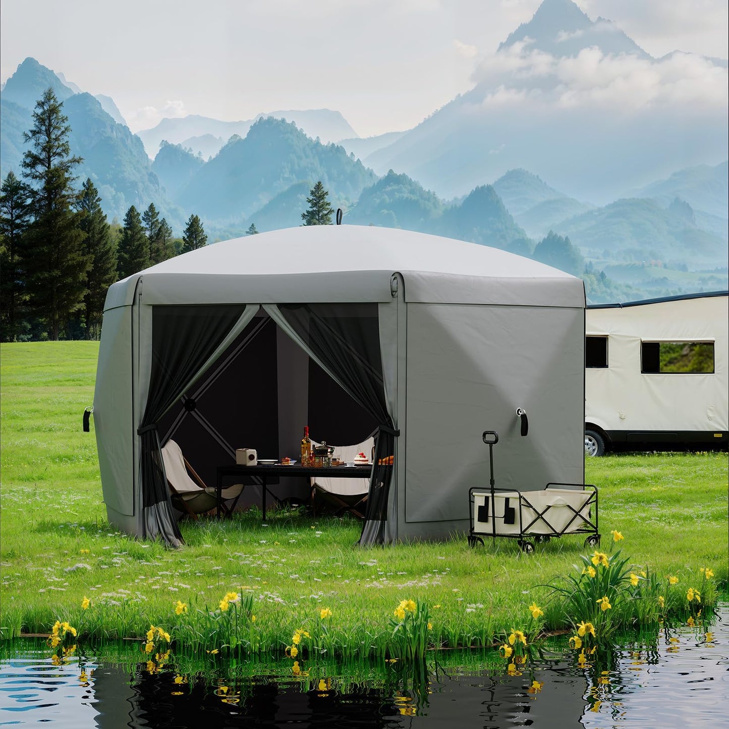 13x13FT 6-Sided Gazebo Tent, One-Push Setup Canopy with Mesh Panels & Removable Wind Cloths, Outdoor Shelter for Backyard Parties Camping Events, Grey