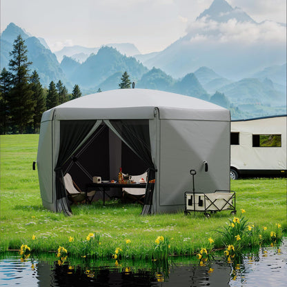13x13FT 6-Sided Gazebo Tent, One-Push Setup Canopy with Mesh Panels & Removable Wind Cloths, Outdoor Shelter for Backyard Parties Camping Events, Grey