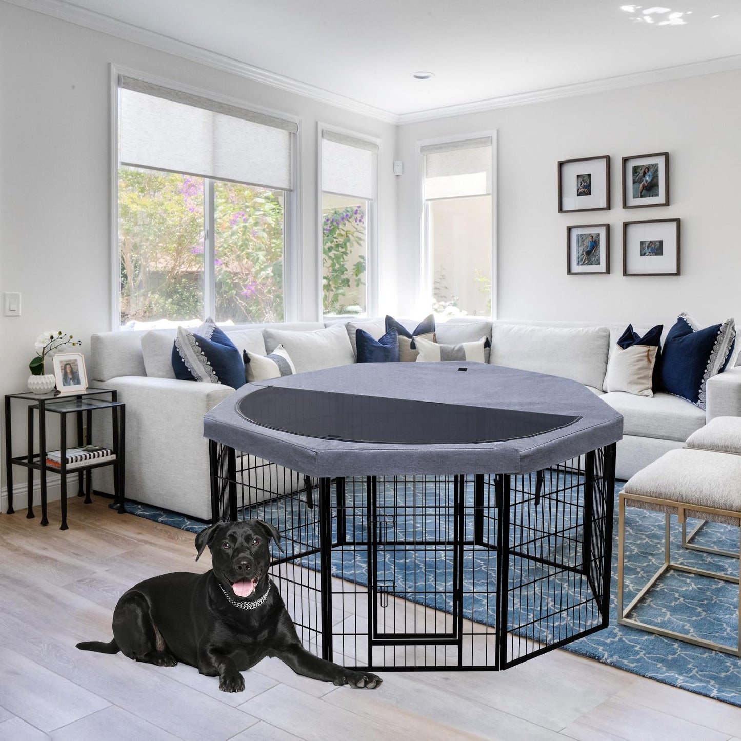 PETIME Dog Playpen,Metal Exercise Puppy Pen Heavy Duty Kennels Yard Fence Indoor/Outdoor 27" W x 32" H 8 Panels Dog Cage with Octagon Top Cover