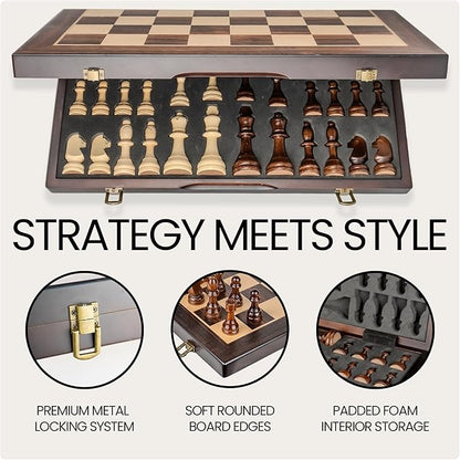 17 Magnetic Wooden Chess Set - Large Folding Portable Travel Chess Board - Hand Carved Pieces - Foam Storage Slots - 2 Extra Queens - Tournament and Beginner Play - Adults and Kids
