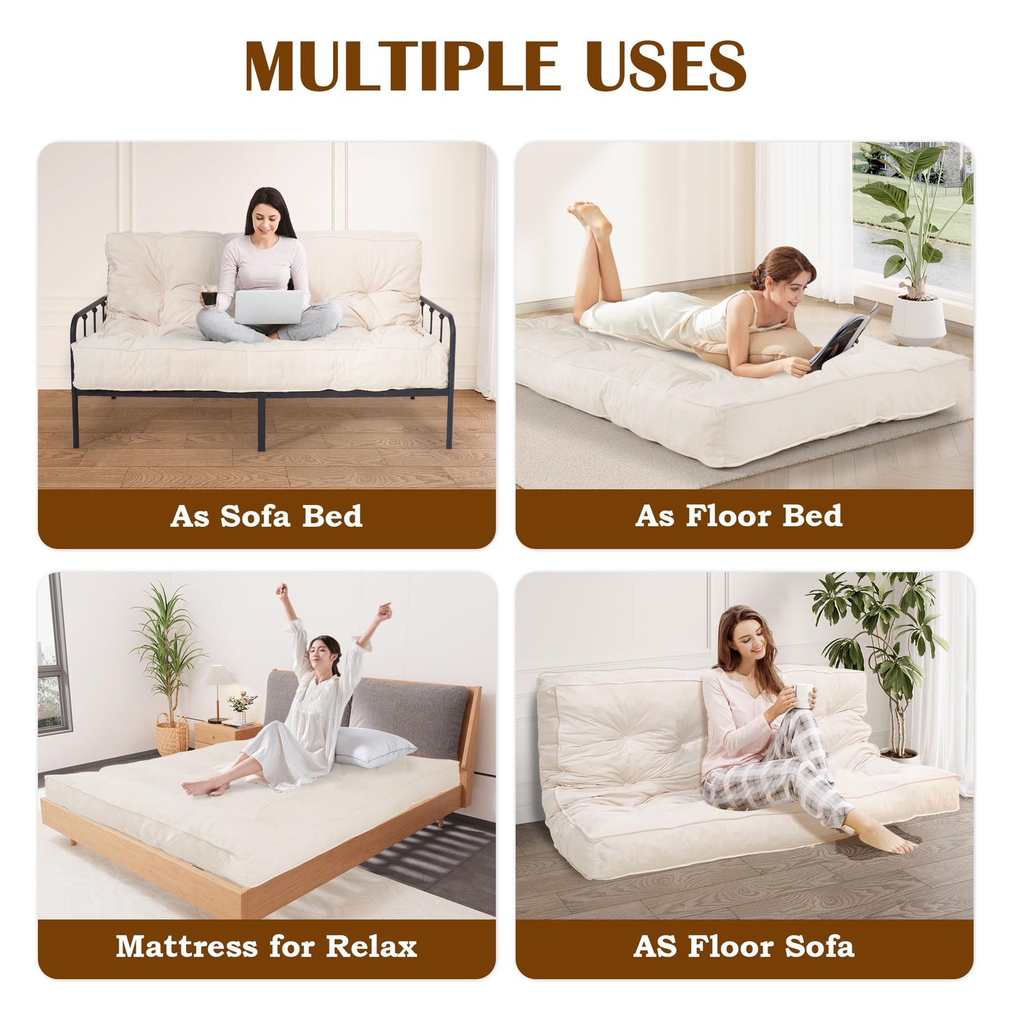 8" Futon Mattress Full Size, Floor Mattress for Adults, Foldable Sofa Couch Bed with Shredded Foam Filling, Comfy Sleeping Mat for Guest, Camping, Dorm, White(Frame Not Included), 54" x 80"