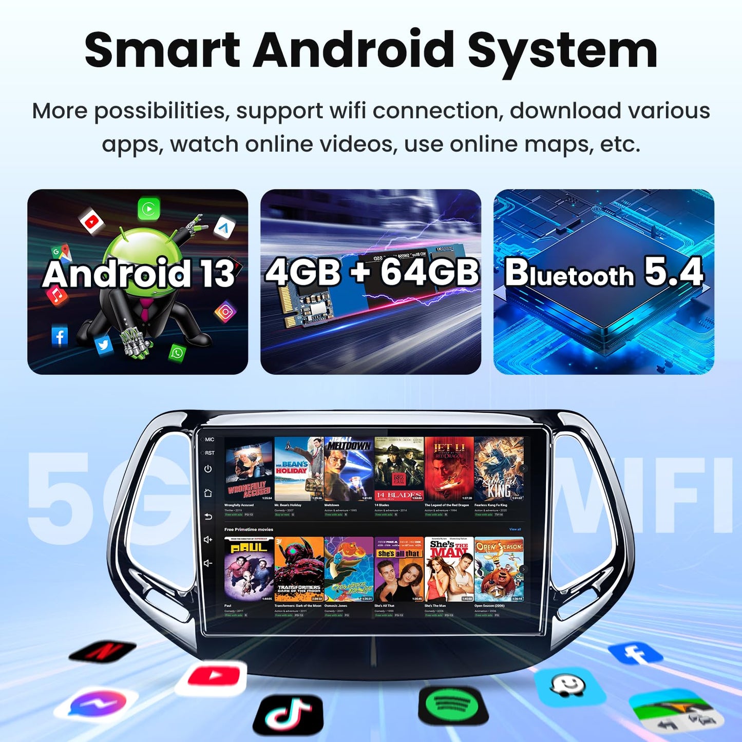 [4G+64G] Car Radio Stereo for Jeep Compass 2017-2020: 10 inch Upgrade Bluetooth 5.4,1280 * 800HD Touch Screen Head Unit Replacement with CarPlay Android Auto 5GWiFi GPS RDS FM SWC Backup Camera