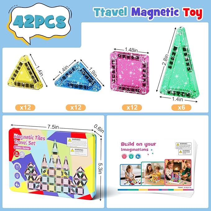 42 Pcs Mini Travel Glitter Magnetic Tiles Magnetic Block Set with Storage Box - STEM Educational Sensory Preschool Building Toy for Toddlers Ideal Kids Gifts for Ages 2 3 4 5 6