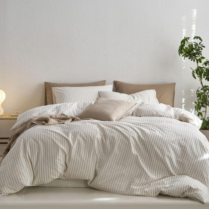 MooMee Striped Duvet Cover Set - 100% Washed Cotton, Soft & Breathable | Queen Size (White & Grey Stripes)