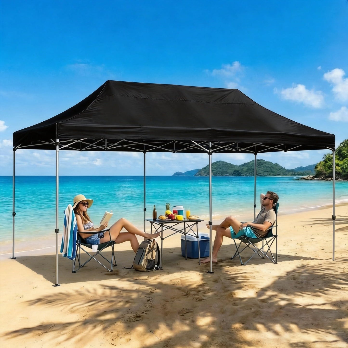 10X20FT Pop Up Canopy Tent, Beach Tent with One Push Setup, Sun Shelter with Slant Legs & Carrying Bag, Waterproof & UV Protected, Outdoor Canopy for Commercial Events, Camping, Backyard Party, Black