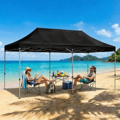 10X20FT Pop Up Canopy Tent, Beach Tent with One Push Setup, Sun Shelter with Slant Legs & Carrying Bag, Waterproof & UV Protected, Outdoor Canopy for Commercial Events, Camping, Backyard Party, Black