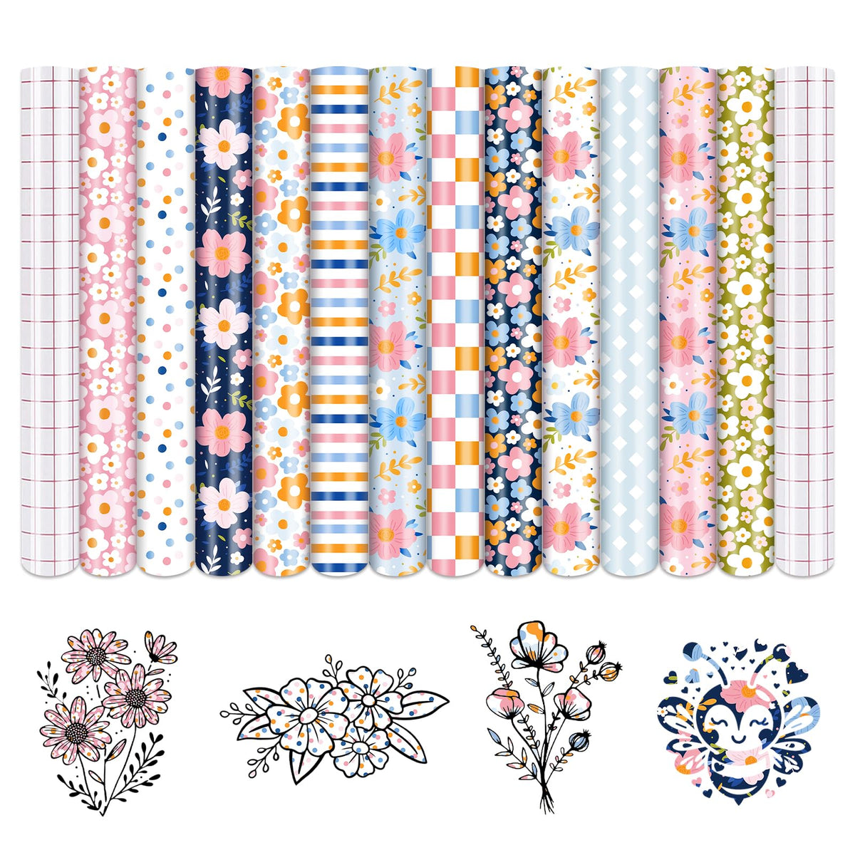 Tintnut Boho Permanent Adhesive Vinyl-12 Sheets 12"x10" Candy and Flowers Pattern Self Adhesive Vinyl Candy Boho Permanent Vinyl for DIY