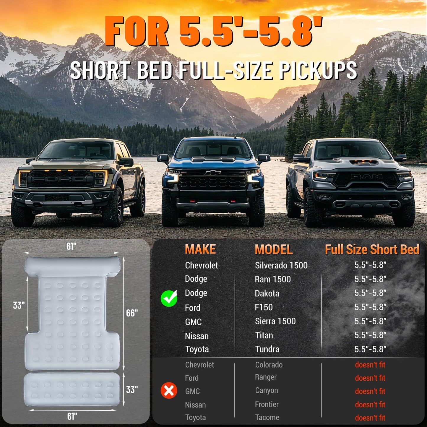 Comfortable Fabric Texture Truck Bed Mattress 5.5-5.8ft for Full-Size Pickup with extender, Truck Bed Air Mattress Customized for Tundra/ F150/ Silverado/ Ram1500, with Bult-in-Air Pump,Camping