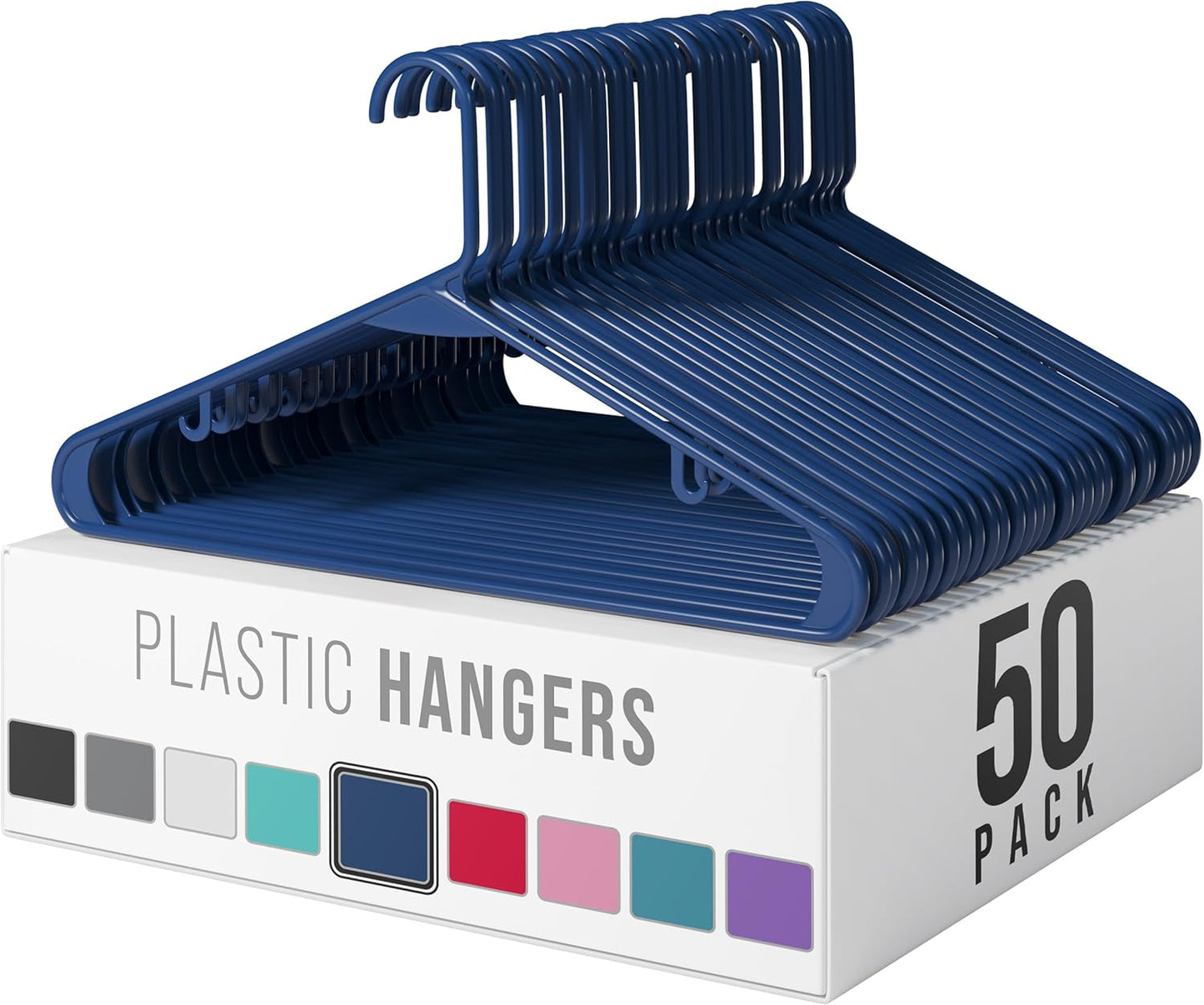Plastic Hangers 50 Pack - Navy Clothes Hangers for Space-Saving Closet Organization | Perfect for Coats & Apparel