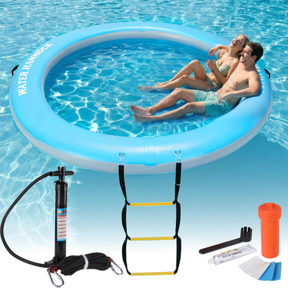 Round Floating Ring Inflatable Water Hammock 8FT & Floating Dock – Adult Air Platform & Island Raft Mat, Sunbathing, Swim Platform, Detachable Ladder & Carry Bag