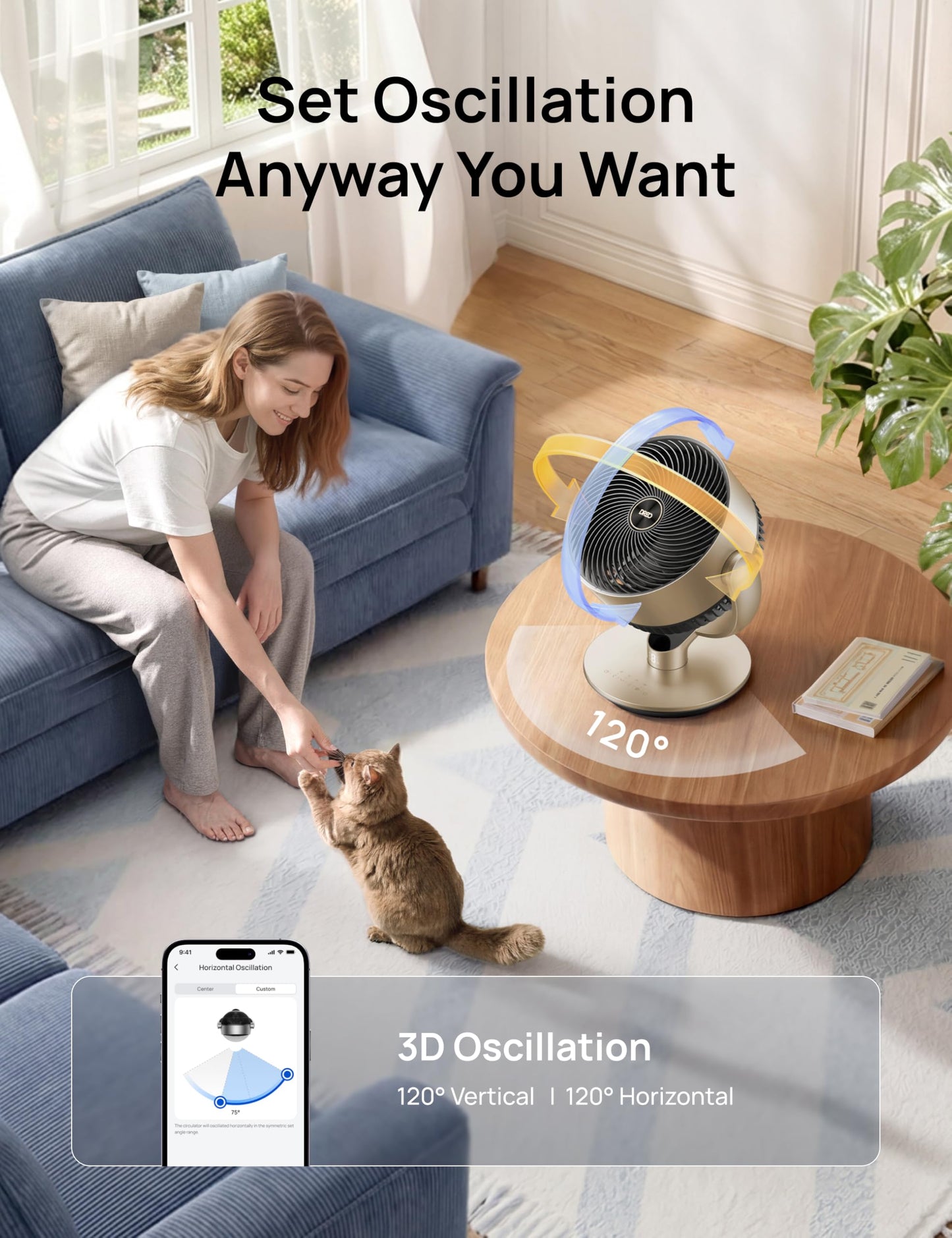 DREO 16''Height 20dB Quiet Smart Fans for Bedroom, DC Room Fan with Remote, 120°+120° Omni-Directional Oscillating Fan, 6 Modes, 9 Speeds, 12H Timer, Alexa/Google/WiFi/Voice Control, Gold