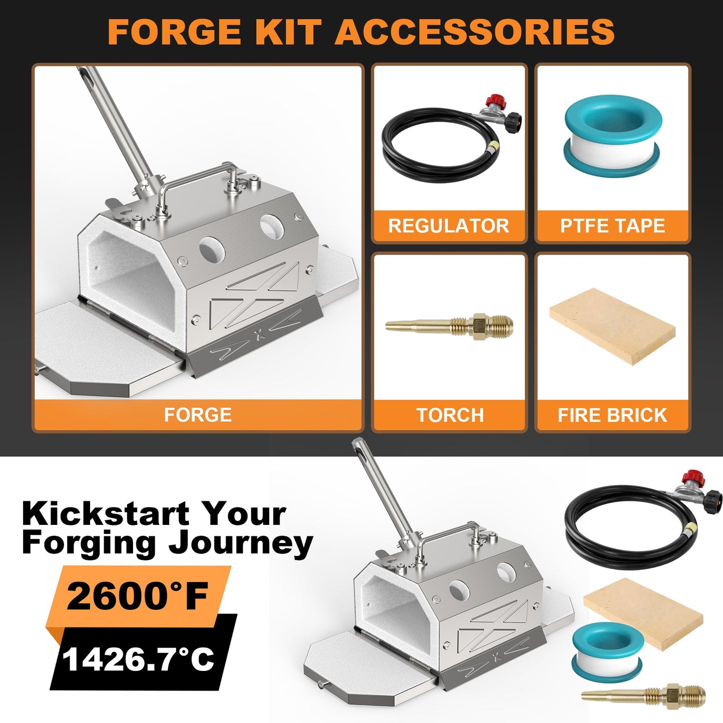 Nelyrho Blacksmith Forge Starter Kit, Double Door, Made of Stainless Steel, with 30PSl Requlator,for Blacksmithing and Knife Making Equipment Forging Melting Casting (1 Burner)