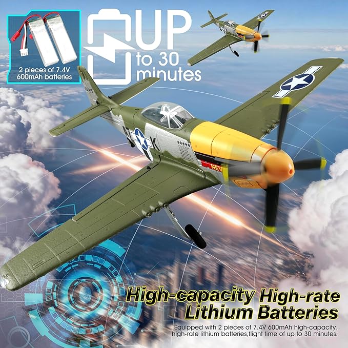 RC Plane 5CH 1406 Brushless P51D Mustang RC Airplane with 3D Aerobatic and 6-Axis Gyro 510mm 2.4GHz Radio RC Planes for Adult Beginners with Spare Battery and Propeller (Regular Version -2 Batteries)