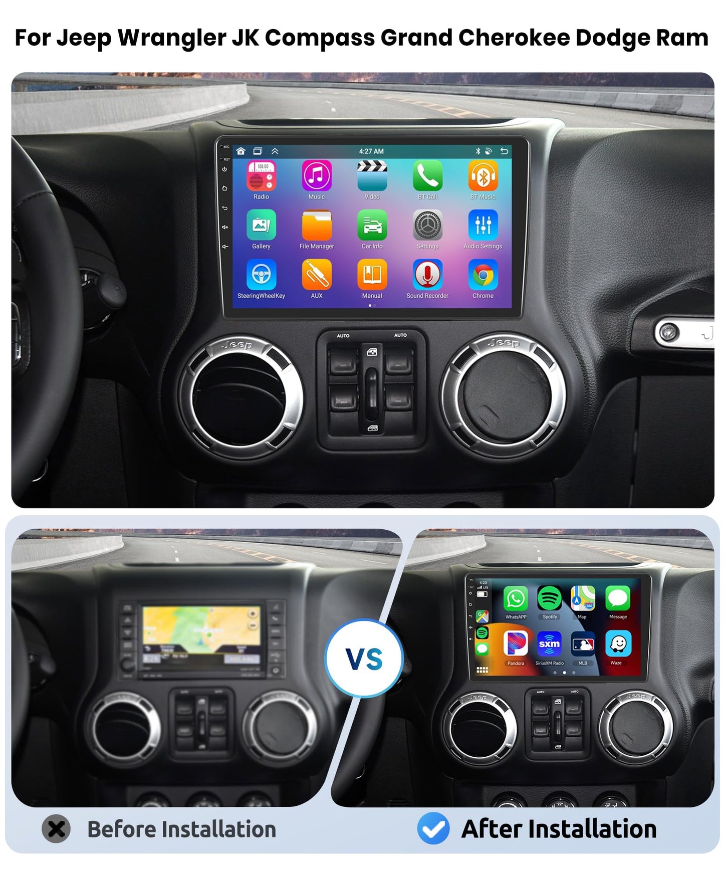 8 Core 4G+64G Car Radio for Jeep Wrangler JK Compass Grand Cherokee Dodge Ram, 10.1 Inch Touch Screen with Wireless Carplay/Android Auto/GPS/Backup Camera