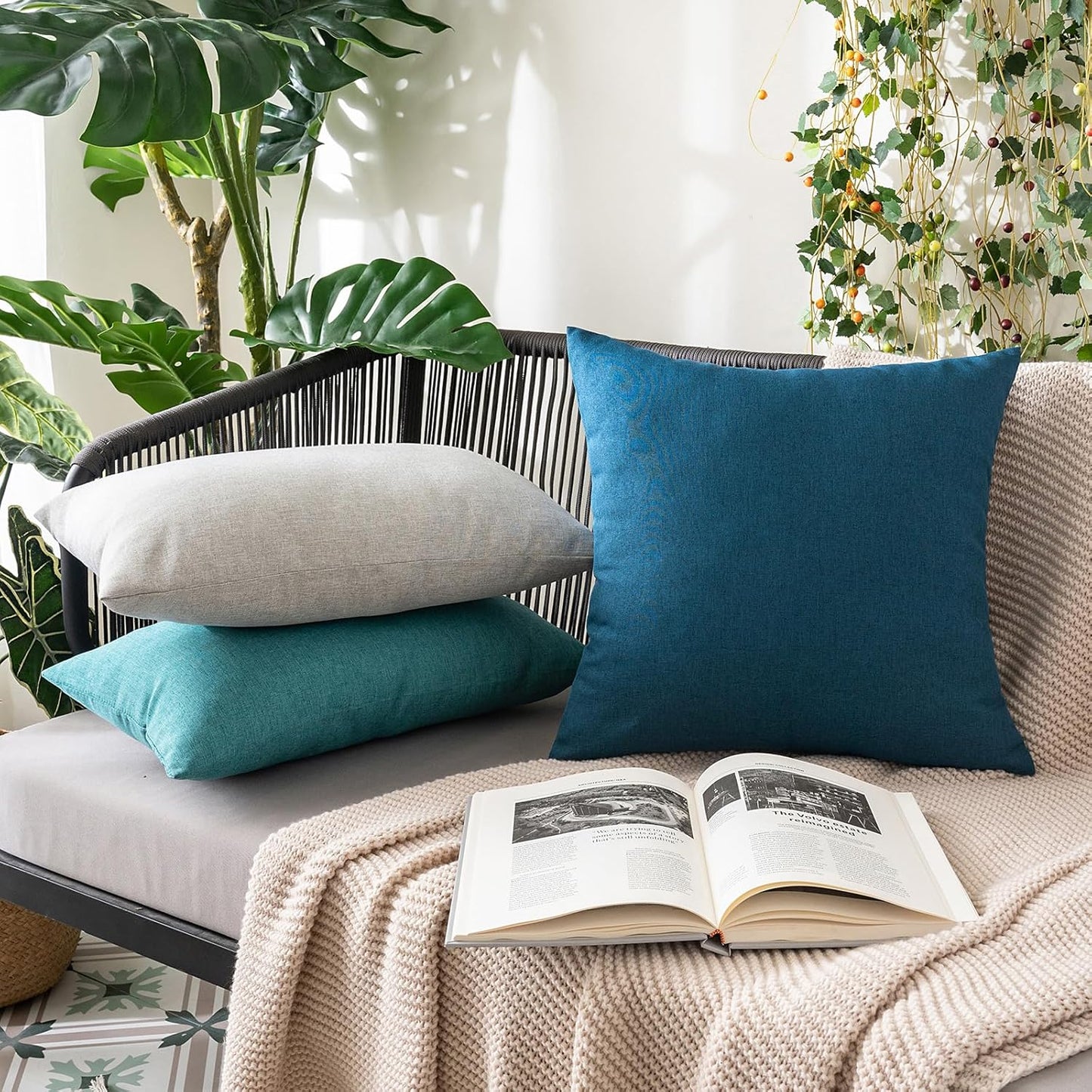 MIULEE Decorative Outdoor Throw Pillow Covers - Waterproof Faux Linen Cushion Cases | 18x18 Inch Blue, Set of 2