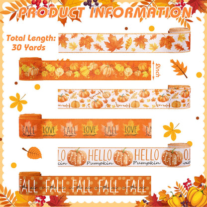 12 Rolls Fall Wired Edge Ribbon for Wreaths 2 Inch x 60 Yards Maple Leaves Pumpkin Burlap Ribbon Thanksgiving Plaid Crafts for Autumn Harvest Party Decoration Supplies, 12 Styles