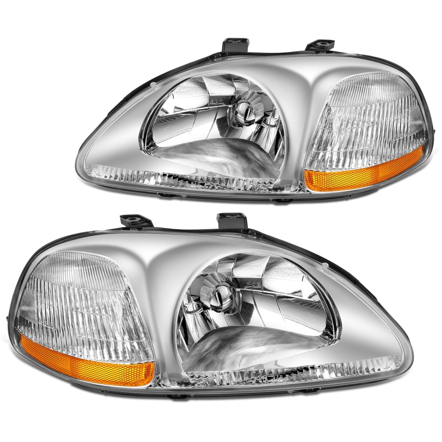 DNA MOTORING Pair Headlight Assembly Compatible With 1996-1998 Honda Civic, Chrome/Amber, HL-OH-HC96-CH-AM