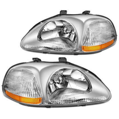 DNA MOTORING Pair Headlight Assembly Compatible With 1996-1998 Honda Civic, Chrome/Amber, HL-OH-HC96-CH-AM