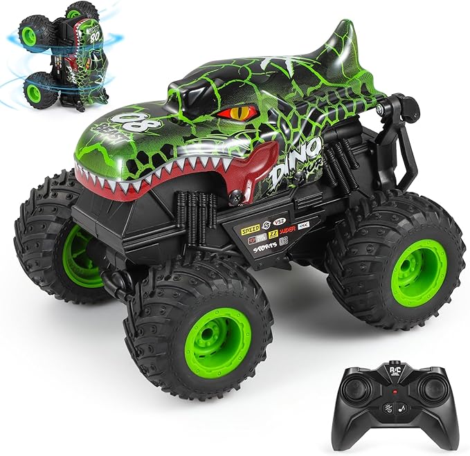 DYODYORC Remote Control Car 2.4Ghz All Terrain Dinosaur Monster Truck Toys RC Truck with Music 3 Lighting Effects 360 Stunt Capable 2 Batteries Ready to Run Toy Gifts for Boys and Girls (Green)
