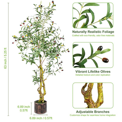 5FT Artificial Olive Tree Indoor - Lifelike Fake Olive Tree with Branches, Leaves & Fruits, Realistic Faux Tree for Bathroom, Office, Bedroom Decor, Compact Home Decor Plants