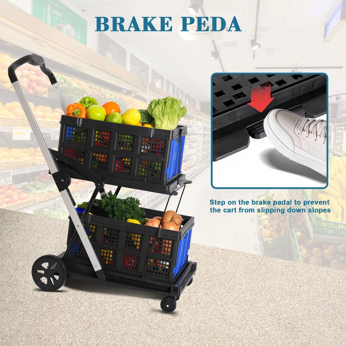 Collapsible Shopping Cart on Wheels, Folding Shopping Cart with 360° Swivel Wheels, Multi Use Utility Cart Adjustable Portable Trolley with 2 Storage Crate, Used for Picnic, Supermarket, Blue