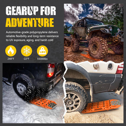 BUNKER INDUST Offroad Traction Boards with Jack Base, Pair Portable Recovery Track Tire Traction Mat - Orange Sand,Mud,Snow Tracks(Replaceable Dual Colors Teeth/Rugged Steel Plate), Gen 12th
