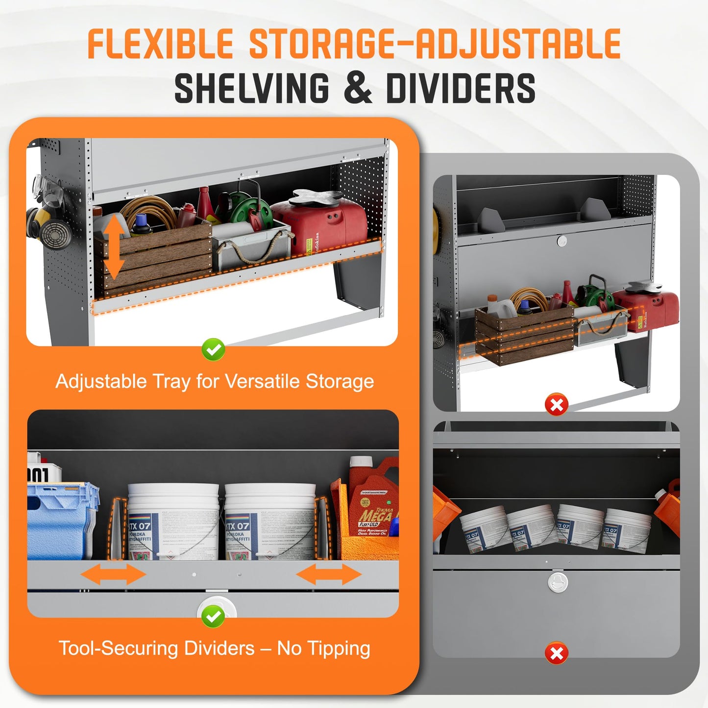 Cargo Van Shelving with Lockable Door Kits,Fit Transit, Nv, Promaster,Sprinter Mid/High Roof,Adjustable Heavy-Duty Steel Van Shelving Storage System W/Hooks & Ropes,52" W X 60" H X 13" D