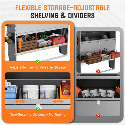 Cargo Van Shelving with Lockable Door Kits,Fit Transit, Nv, Promaster,Sprinter Mid/High Roof,Adjustable Heavy-Duty Steel Van Shelving Storage System W/Hooks & Ropes,52" W X 60" H X 13" D