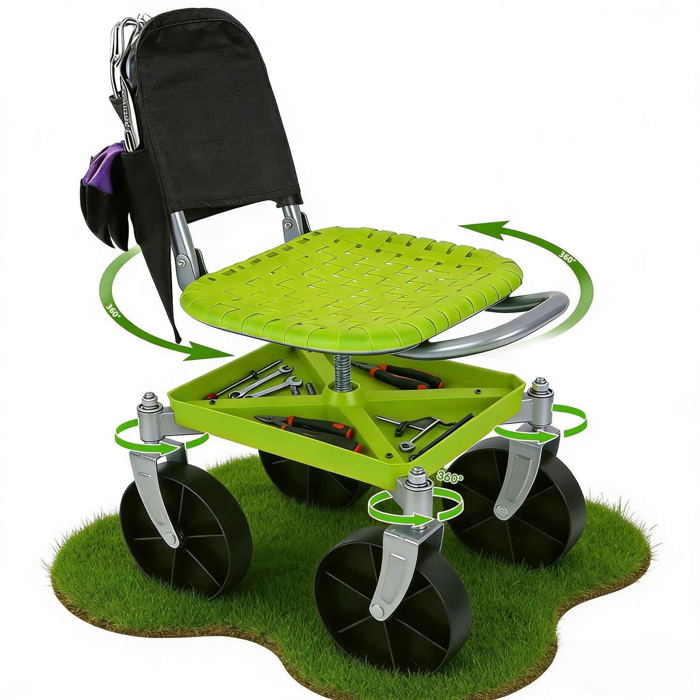 Outdoor Garden Stool with 360° Swivel Caster Wheels, Rolling Garden Cart with 360° Swivel Seat, Height Adjustment, Back Tool Pouch & Under-Seat Tray, Gardening Gifts for Women, Parents, Seniors
