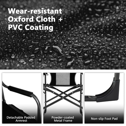 COSTWAY 2-Pack Folding Camping Chair, Heavy-Duty Director Chair Supports 400lbs for Adults with Side Table, Cooler Bag, Storage, Strap, Portable Makeup Chair Set of 2 for Fishing Picnic, Black