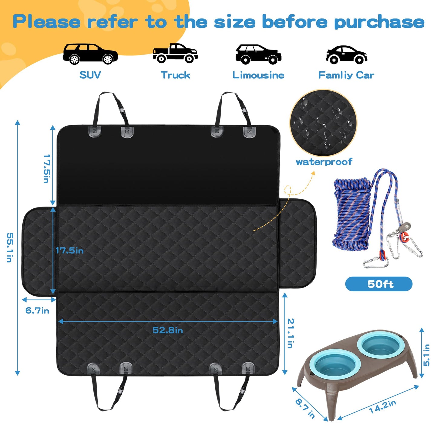 Velupet Zoom 4-in-1 Pet Travel & Outdoor Set, Include 48in Gray Elevated Dog Bed with Canopy, Dog Canopy Bed, Pet Back Seat Cover, 50ft Tie Out Cable, Collapsible Double Pet Bowls
