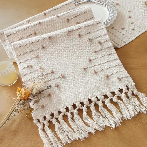 FEXIA Boho Table Runner with Tassels 72 Inches Long for Home Decor Room Decor Farmhouse Rustic Macrame Table Runners for Dining Bedroom Bridal Shower(12x72 Inches)